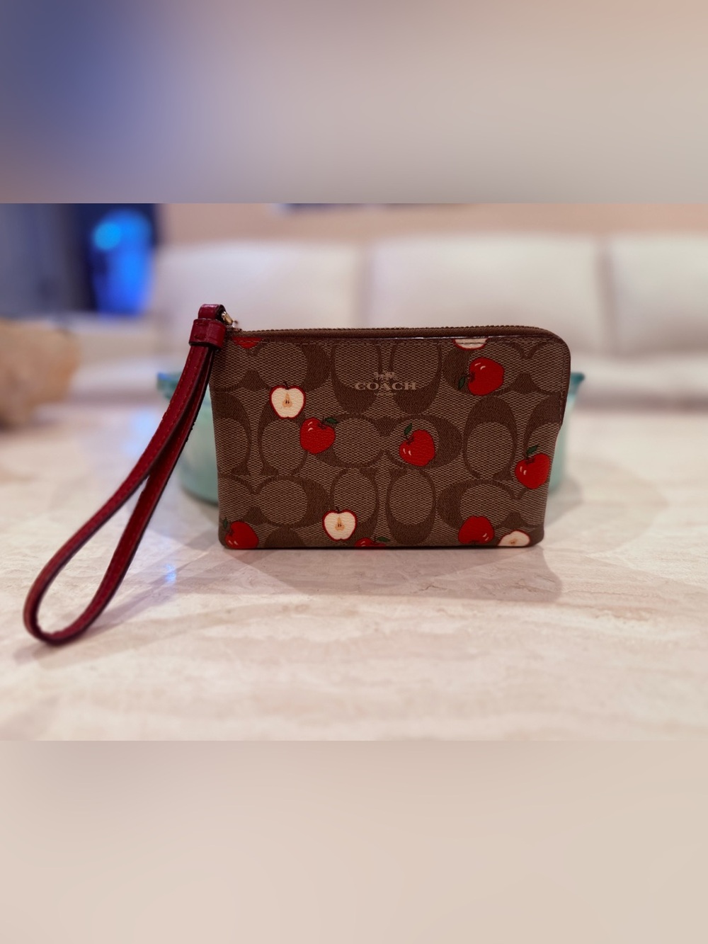 Coach Signature Canvas Wristlet with Red Apple Print